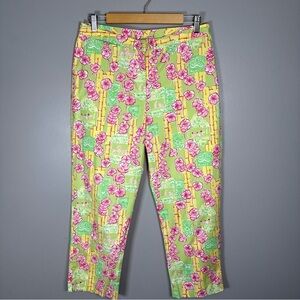 LILLY PULITZER Vtg Green Pink Floral Tiki Hawaii Bamboo Print Pants Size 10 crop